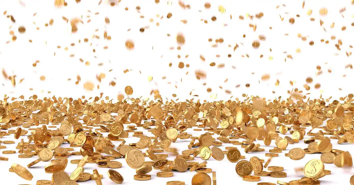 A shower of gold coins raining down onto a large pile on a white background.