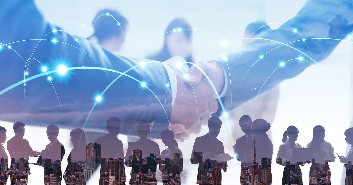 Double exposure of business people and a handshake with glowing connection lines overlaid, symbolizing networking and collaboration.