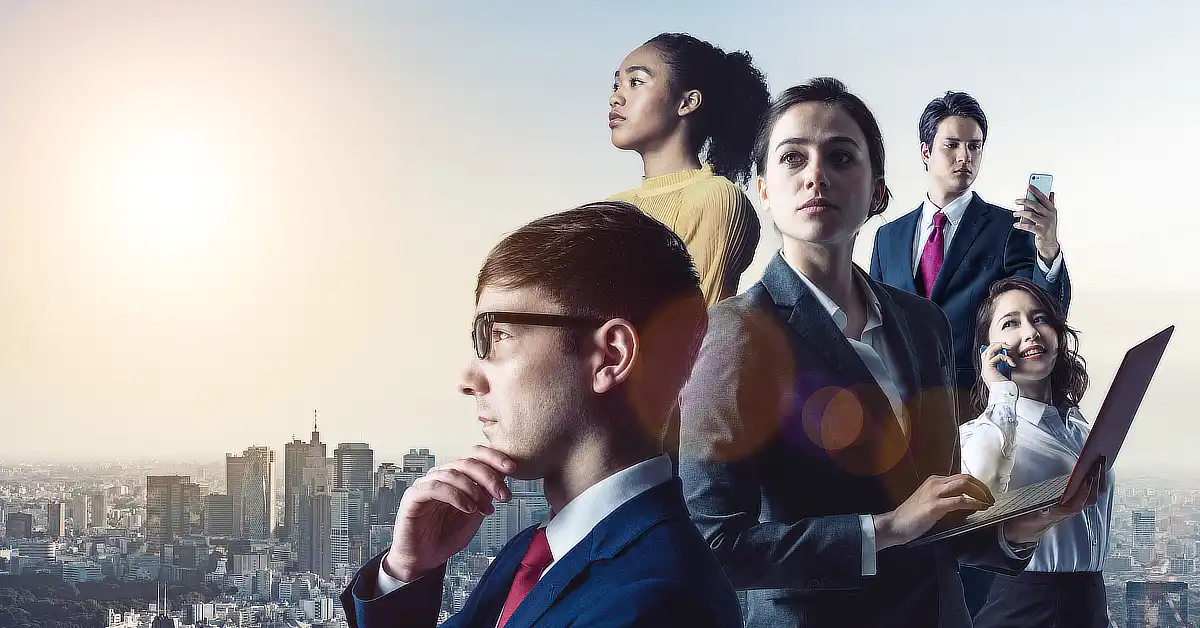 A diverse group of business professionals standing confidently against a city skyline, each engaged in different activities such as thinking, looking ahead, using a laptop, and making a phone call.