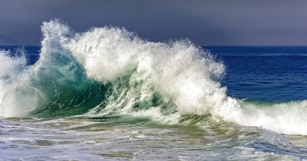 Large ocean wave cresting and crashing near the shore, with white foam and deep blue water under a cloudy sky.