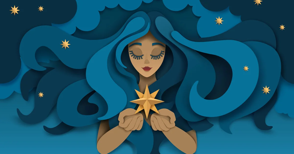 Illustration of a serene woman with long, flowing hair, holding a glowing star in her hands. Small stars are scattered in her hair, creating a dreamy, celestial atmosphere.