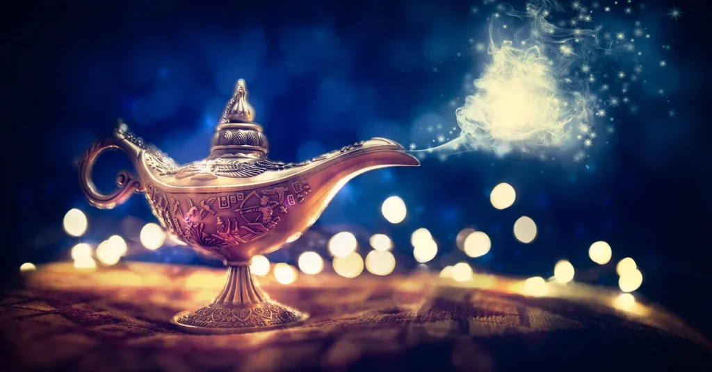 An ornate, antique brass lamp emitting a swirl of magical smoke and sparkling light against a dark, blurred background with glowing bokeh effects.