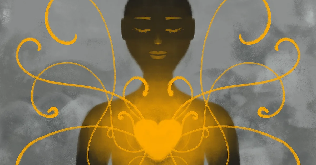 Abstract illustration of a person with closed eyes, featuring a heart at the center of their chest. Swirling lines radiate outward from the heart, symbolizing energy or emotion.