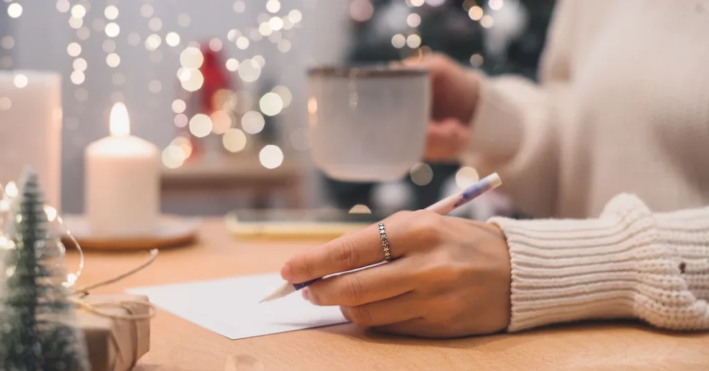 Person writing on a piece of paper while holding a mug, with a cozy, festive background featuring bokeh lights, a candle, and holiday decorations.