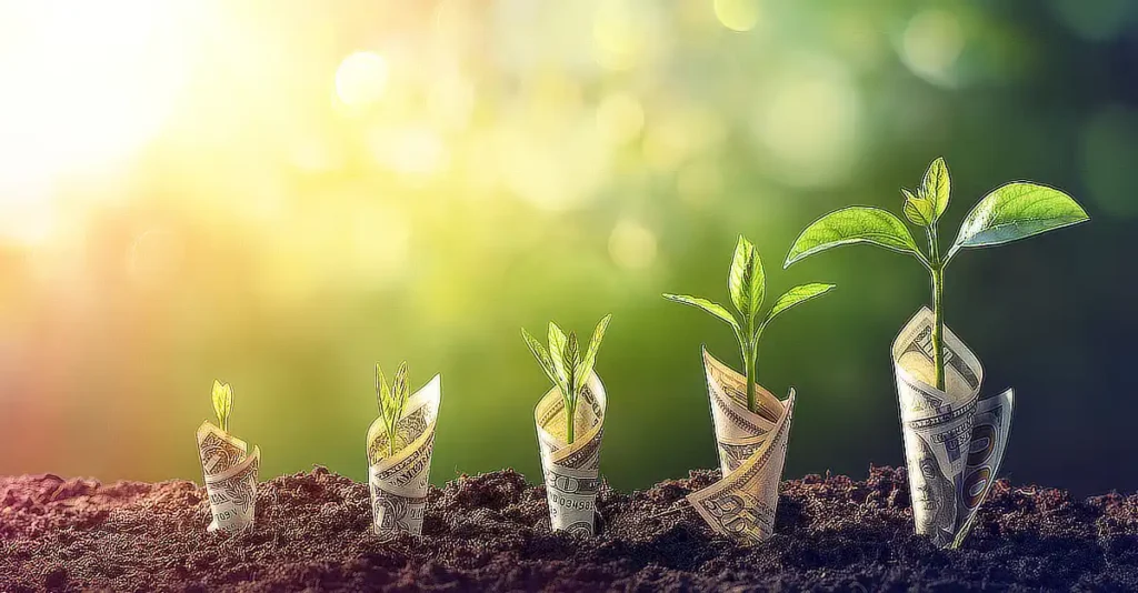 Five young plants at different stages of growth sprouting from soil, with each plant emerging from a rolled-up dollar bill, symbolizing financial growth or investment.