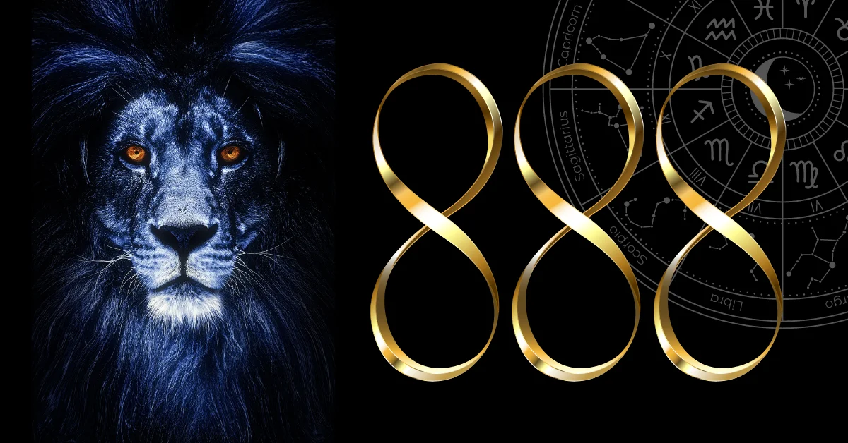 Close-up of a lion's face with a powerful expression next to three infinity symbols arranged as '888,' with astrological symbols in the background.