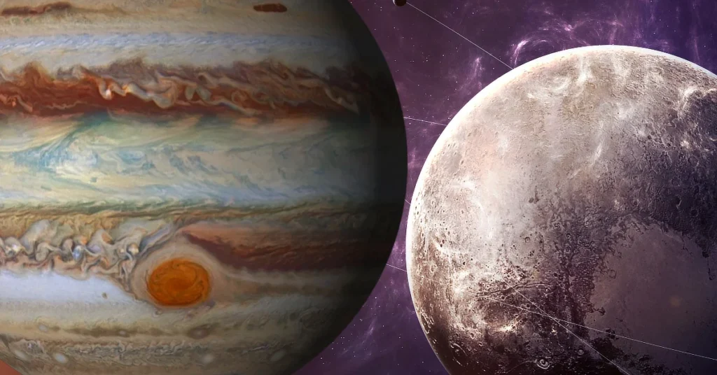 A close-up view of two planets in space: Jupiter with its swirling clouds and Great Red Spot on the left, and a smaller, cratered moon or planet on the right, set against a backdrop of stars and cosmic clouds.