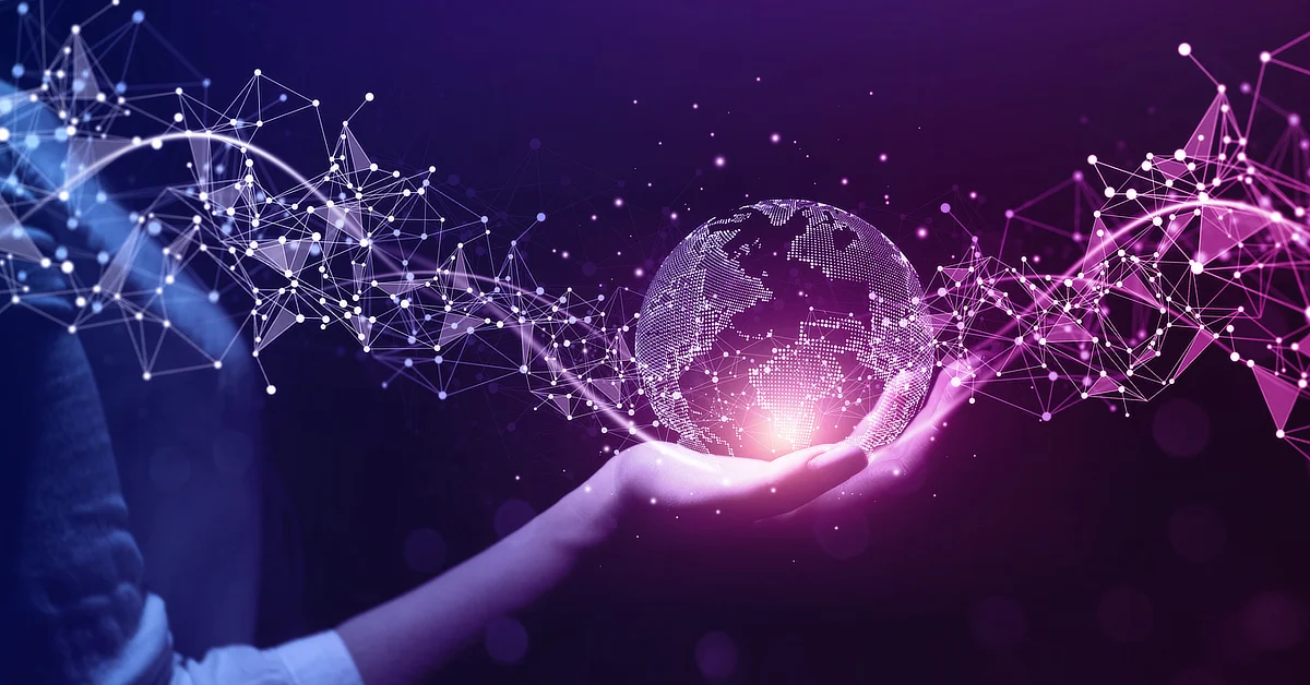 A hand holding a glowing digital globe, surrounded by a web of interconnected nodes and lines, representing a network or global connectivity.