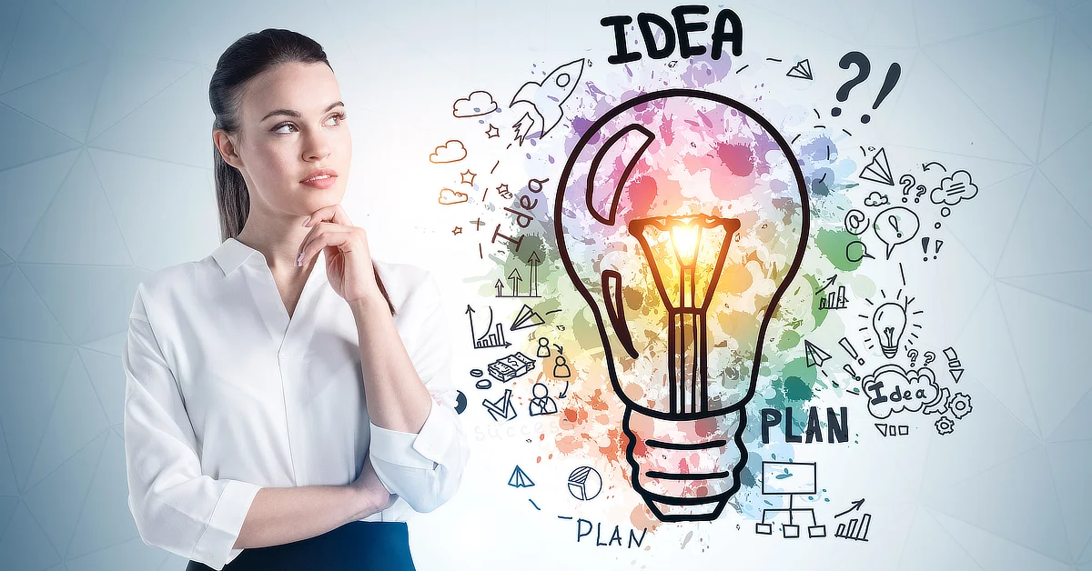 A thoughtful woman standing next to a large illustration of a light bulb surrounded by doodles representing ideas and planning.