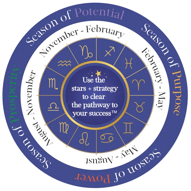 Astrological chart divided into four segments, each representing a season of the year with zodiac signs, emphasizing astrology and strategy for success.