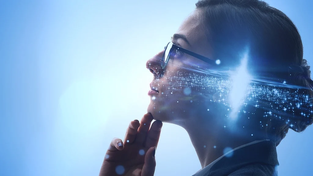 Side profile of a woman wearing glasses, deep in thought, with a digital overlay of light particles and lines extending from her head, symbolizing ideas or innovation.