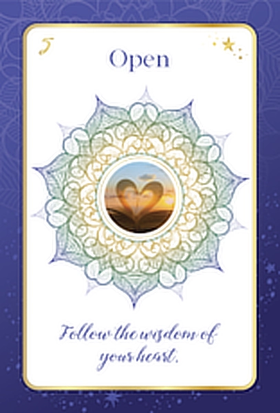 Card from Kim Woods' oracle card deck titled 'Open,' featuring hands forming a heart shape against a sunset, centered within an intricate mandala design. The card's message reads, 'Follow the wisdom of your heart,' symbolizing love, intuition, and emotional openness.