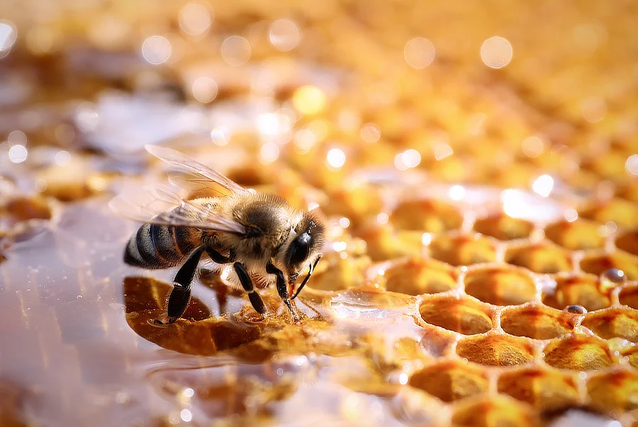 Close-up of a honeybee on a honeycomb, gathering nectar.