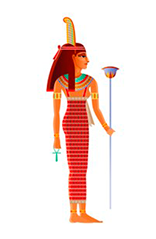 An illustration of the Egyptian goddess Maat. She is depicted in traditional attire, holding a scepter and an ankh, with a feather atop her head, symbolizing truth and justice.
