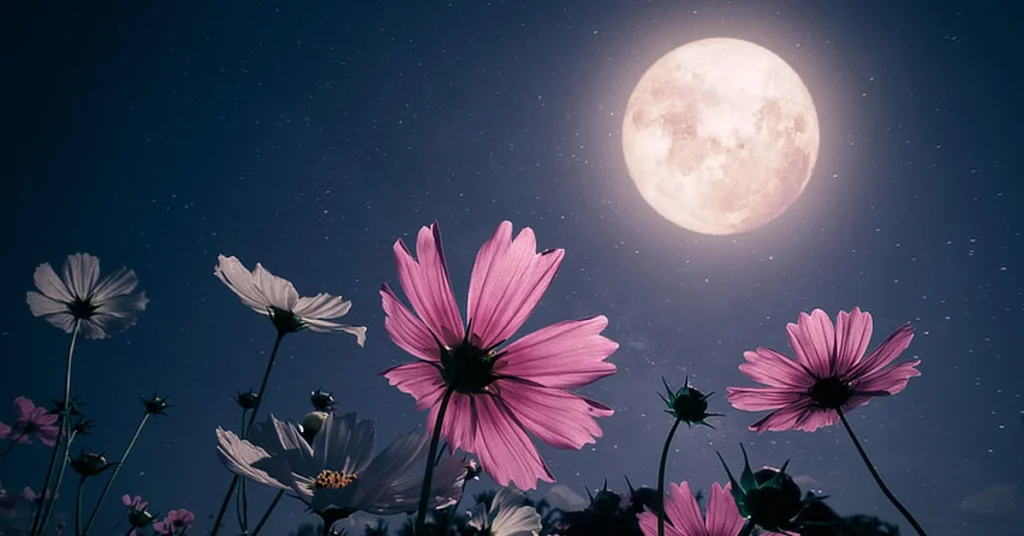 Flowers in bloom under a full moon at night, with a starry sky in the background.