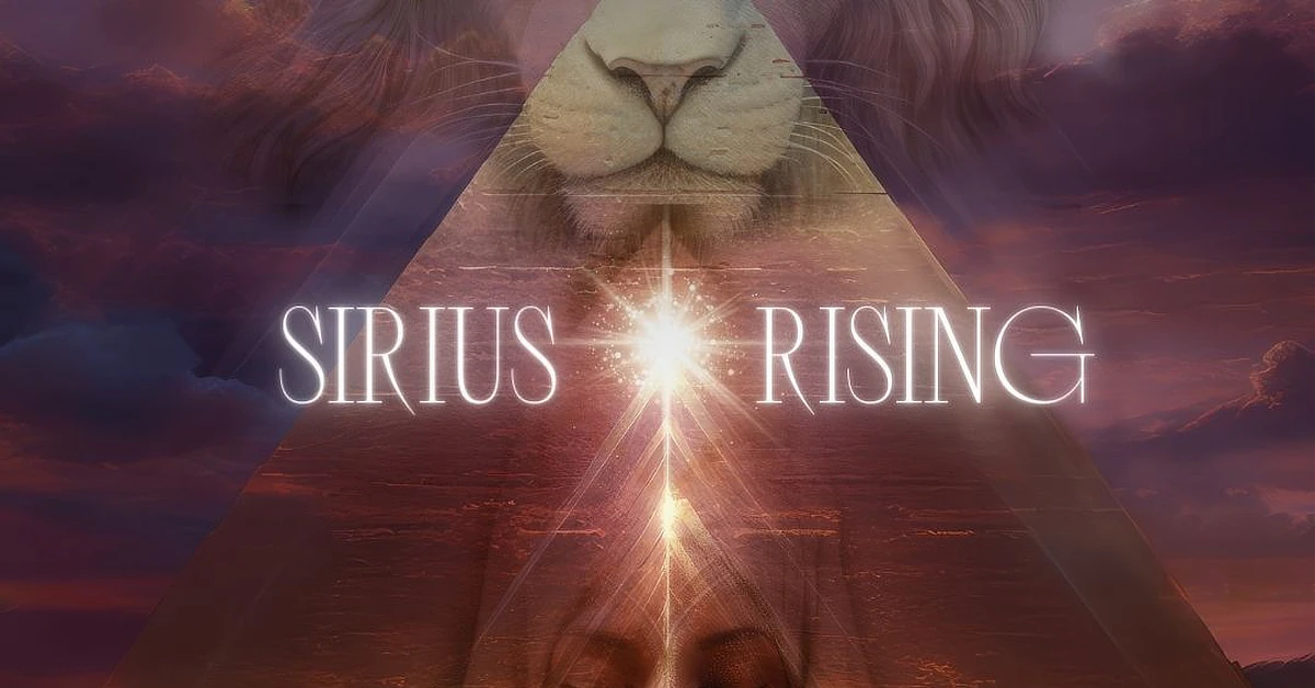 An artistic image featuring a lion's face within a pyramid, with a bright starburst at the center and the words 'Sirius Rising' displayed prominently across the middle.