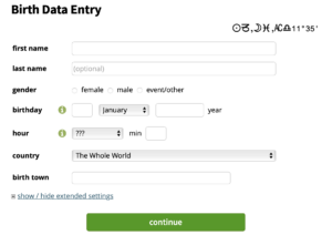 A form for entering astrological birth data, including fields for name, gender, birthday, time, country, and birth town.