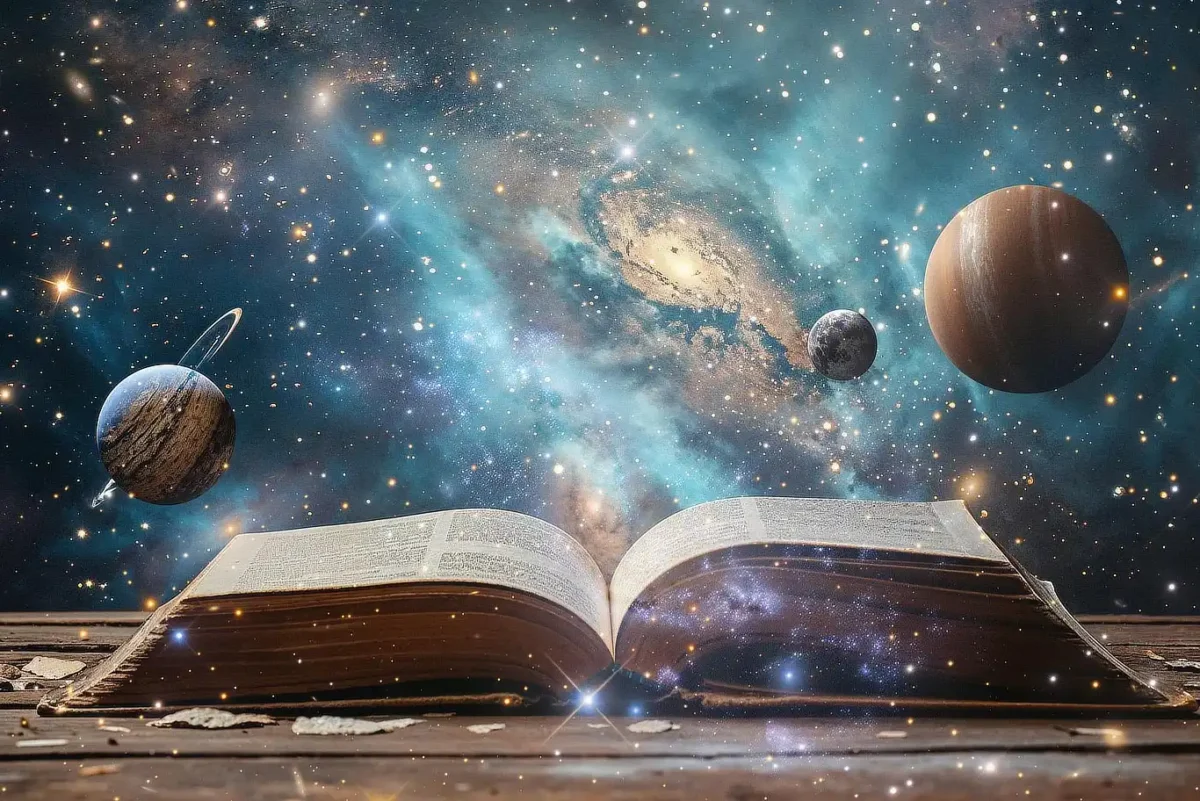 An open book rests on a wooden surface, with a galaxy, stars, and planets emerging from its pages, symbolizing the exploration of the universe through reading.