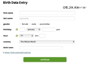 Screenshot of an astrology birth data entry form. Fields include first and last name, gender options (female, male, event/other), birth date, hour, country, and birth town. A green 'continue' button is at the bottom.