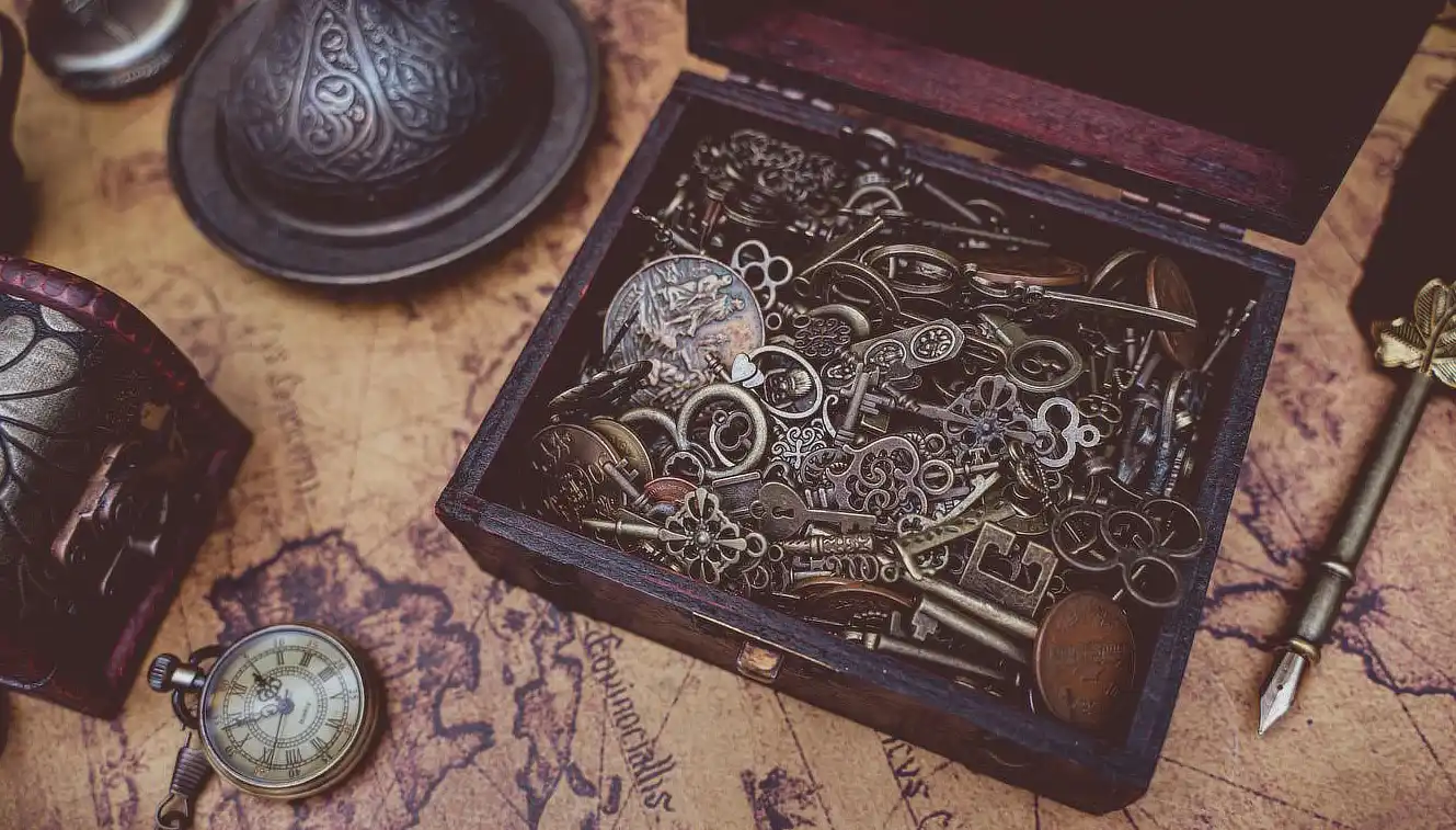 A wooden box filled with antique keys and vintage items on an old map.