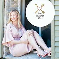 Client testimonial image featuring Hilary-DeCesare, a woman in a soft pink dress, sitting by a stone doorway, smiling. The ReLaunch Co. logo is displayed in the top right corner.