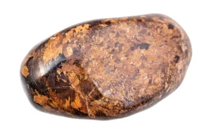 A polished piece of bronzite, displaying a smooth, dark brown surface with shimmering golden-brown flecks and natural patterns throughout.