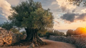 A large, ancient olive tree with a gnarled trunk stands beside a stone wall on a rocky path. The warm glow of the sunset illuminates the landscape, casting soft light on the tree and the surrounding area.