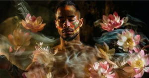 A shirtless man with colorful tribal face paint meditates with his eyes closed, surrounded by swirling smoke and blooming pink lotus flowers, creating a serene and mystical atmosphere.