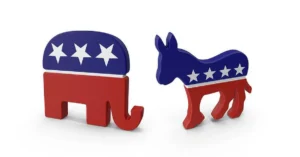 Republican Party red elephant and Democratic Party blue donkey symbols in red, white, and blue.