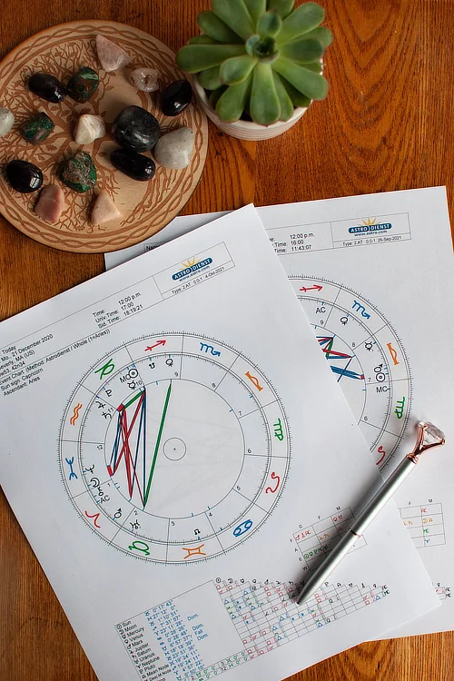 A desk with two astrology charts printed on paper, a pen resting on top, and a small tray with various crystals next to a succulent plant.