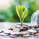 Plant growing from coins outside the glass jar on blurred green natural background for business and financial growth concept