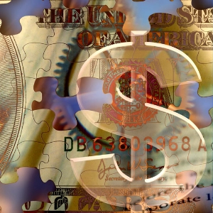 A transparent dollar sign superimposed on a puzzle of U.S. currency, symbolizing financial abundance and strategy.