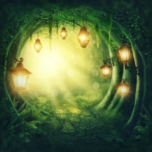 A mystical forest scene with glowing lanterns hanging from trees, illuminating a green pathway.