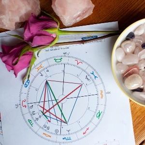 A colorful astrological chart surrounded by rose quartz crystals and a purple flower on a wooden surface.