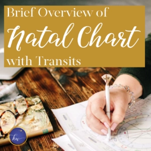 product image showing a hand holding a pen over a printed natal chart, with text reading "Brief Overview of Natal Chart with Transits."