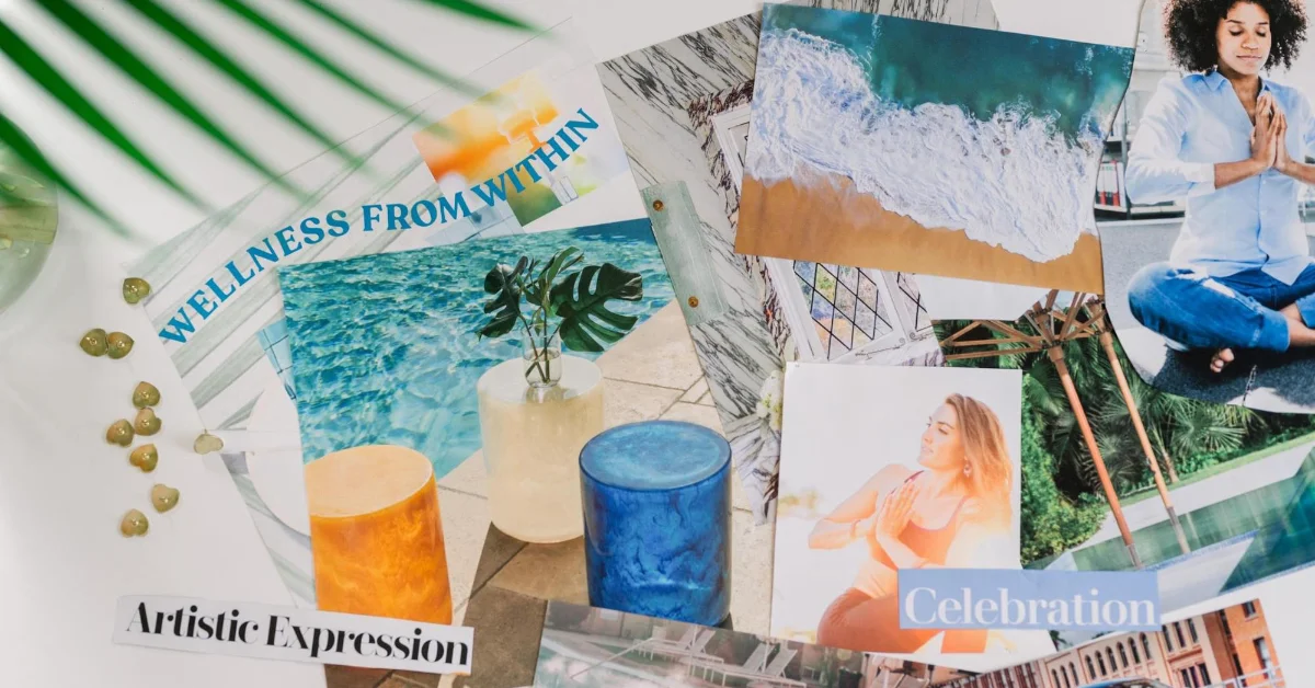 A vision board collage with images of nature, meditation, and words like 'WELLNESS FROM WITHIN,' 'Artistic Expression,' and 'Celebration.' Features beach waves, a poolside plant, and people meditating, with a decorative green leaf and small stones on the side.