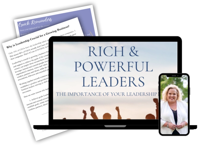 A promotional image for 'Rich & Powerful Leaders: The Importance of Your Leadership,' featuring a laptop screen displaying the course title, a smartphone showing a picture of Kim Woods, and a leadership document in the background.