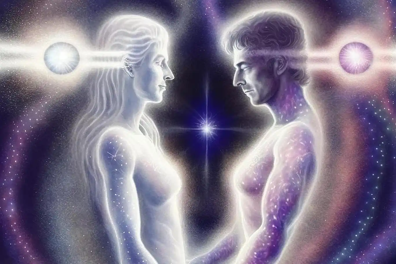 Digital artwork depicting an ethereal man and woman facing each other, holding hands, and surrounded by a cosmic background. Both figures are illuminated, with stars and cosmic light patterns embedded in their bodies, symbolizing a deep spiritual connection.