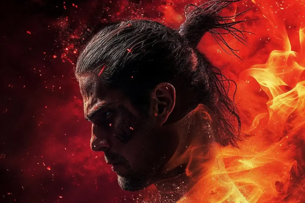 A profile image of a stern-looking man with a topknot, symbolizing the god Mars. His face is partially covered in dark markings, and flames surround him, emphasizing a fiery and intense atmosphere.