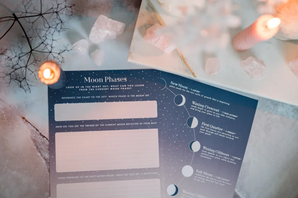 A moon phase tracker surrounded by glowing candles and rose quartz crystals, creating a serene and mystical ambiance.