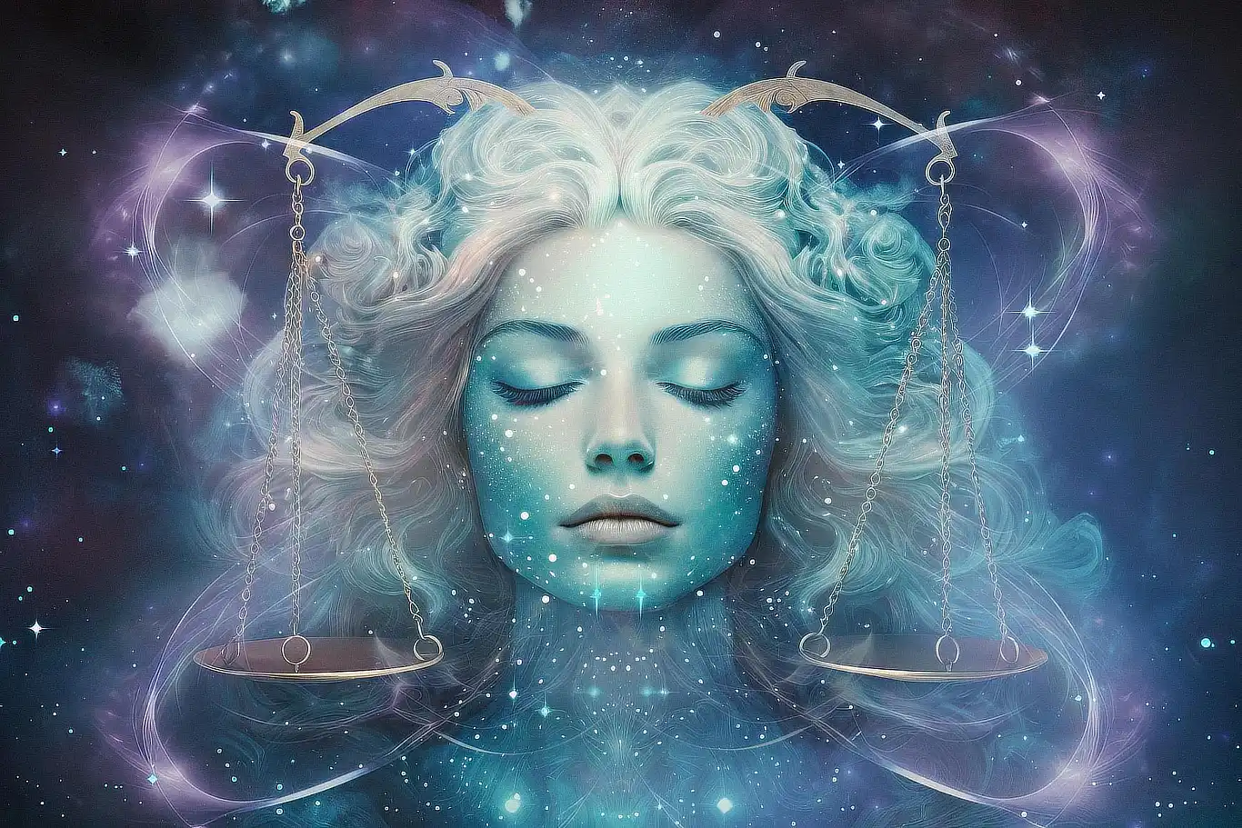 A serene woman with closed eyes, surrounded by a cosmic background, with scales floating beside her head, symbolizing balance.