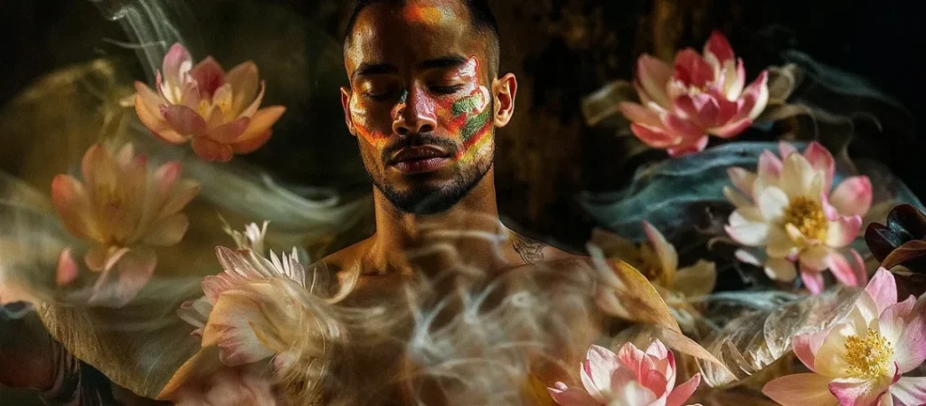 A shirtless man with colorful tribal face paint meditates with his eyes closed, surrounded by swirling smoke and blooming pink lotus flowers, creating a serene and mystical atmosphere.