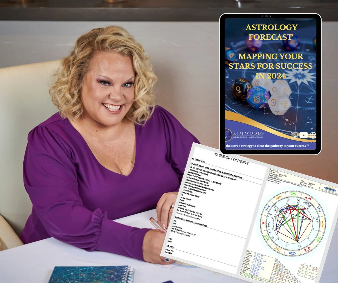 Kim Woods sitting at a table in a purple top, smiling while holding a pen. Superimposed on the image is a tablet displaying the cover of 'Astrology Forecast: Mapping Your Stars for Success in 2024,' along with a printed astrology chart and table of contents.