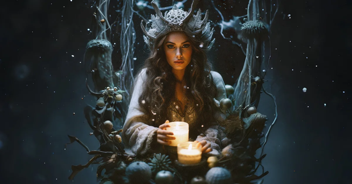 Enchanted woman with a branch-like crown holding glowing candles in a dark, snowy setting.