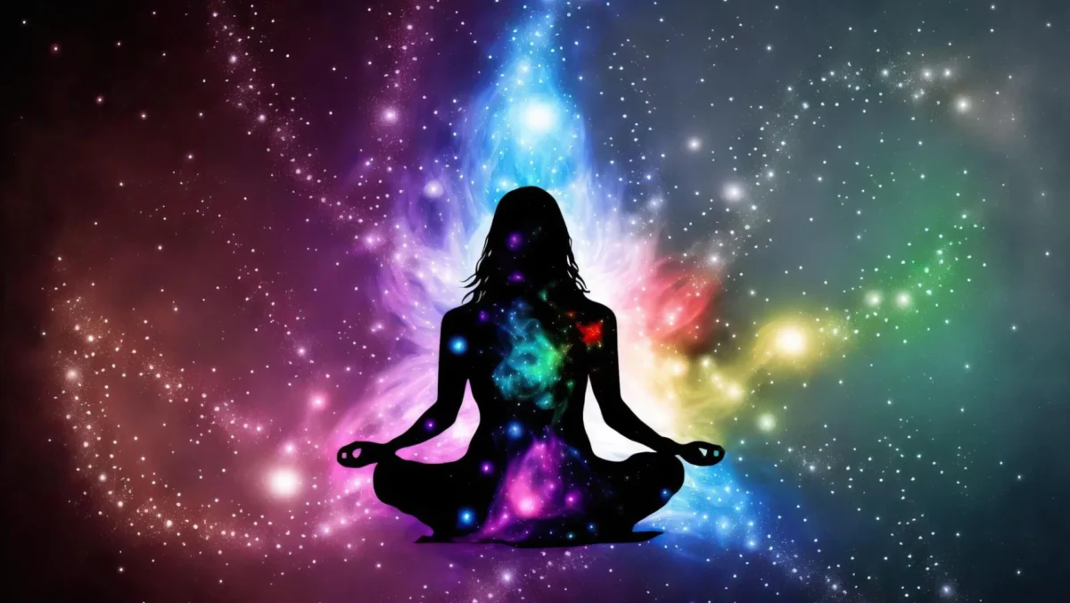 A silhouette of a person meditating, filled with colorful cosmic energy, set against a vibrant, starry galaxy background.