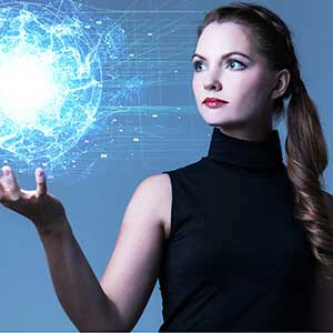 A confident woman in a black dress holding a glowing digital sphere in her hand, with a futuristic blue background.