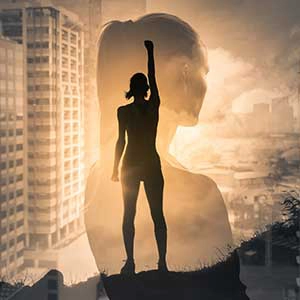 A silhouette of a woman raising her fist in victory, layered over a cityscape and a second translucent figure facing forward.