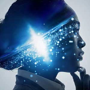 A profile of a woman deep in thought with a glowing blue light and digital particles emanating from her head, symbolizing creativity or innovation.