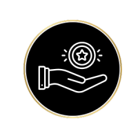 A hand holding a circular coin with a star in the center, set on a black background with a gold circular border.