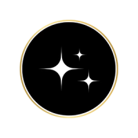 Three shining stars in varying sizes on a black background with a gold circular border.